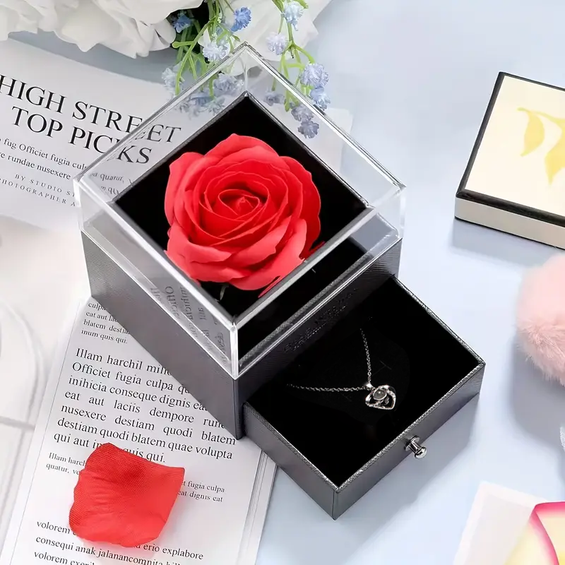 Regalo romántico: rosa eterna + collar con dije ‘Te amo’ 100 idiomas