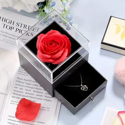 Regalo romántico: rosa eterna + collar con dije ‘Te amo’ 100 idiomas